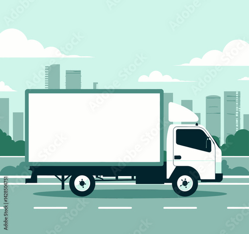 White delivery truck with blank billboard in city scene