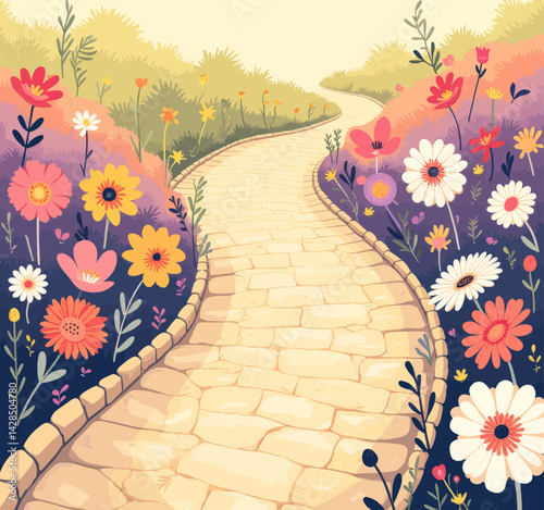 Whimsical Flower Garden Path Illustration