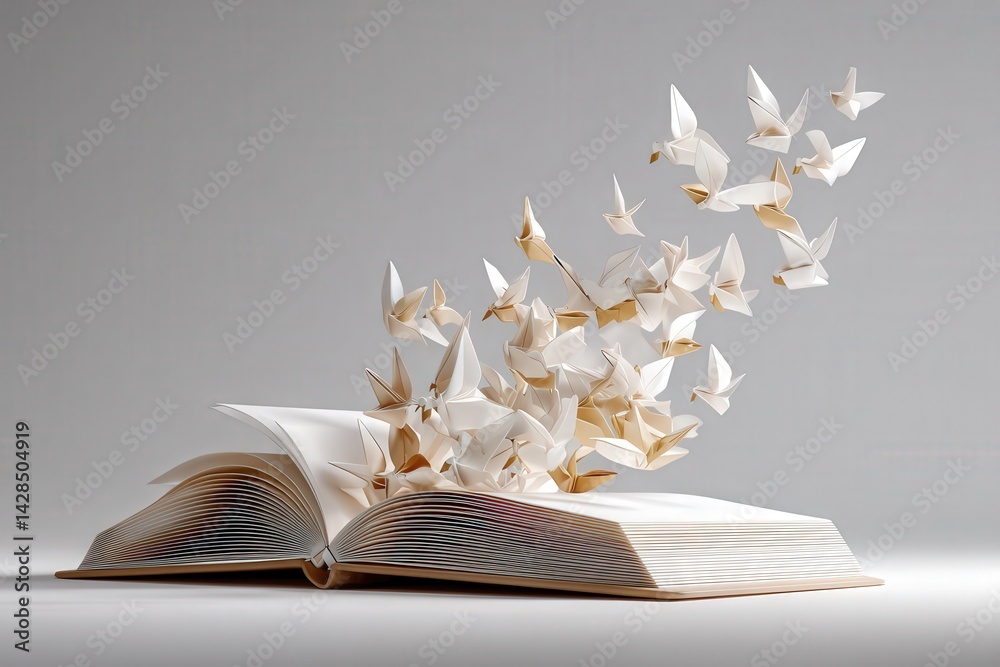 Beautiful Book With Paper Cranes Floating Above Its Pages