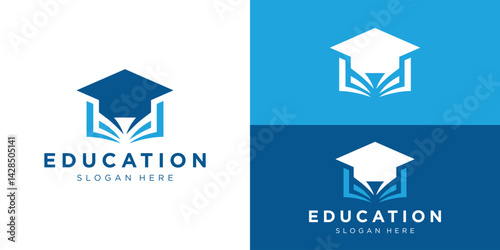 Simple education logo template. Graduation cap with book logo design vector illustration.