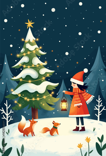 Winter Scene: Girl, Foxes, Lantern, Christmas Tree