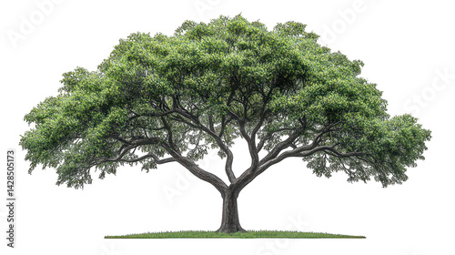 A solitary, mature oak tree with a dense canopy is featured against a solid dark backdrop.