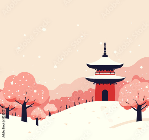 Winter scene with pagoda and pink trees in snowfall