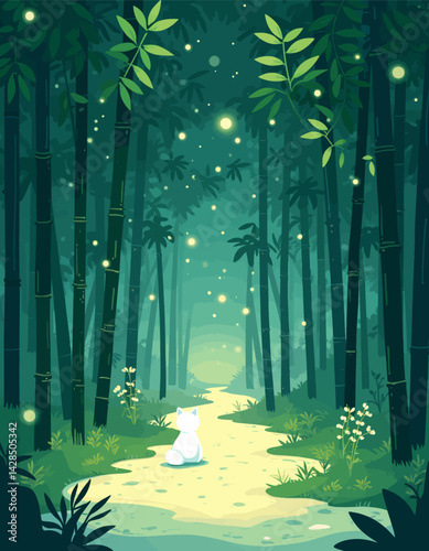 White Cat Gazing at Bamboo Forest Path with Fireflies