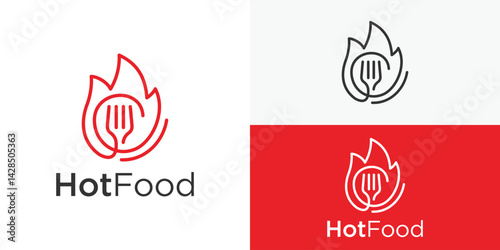 Simple hot food logo template. Fire with fork logo design vector illustration.
