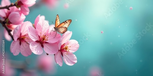 Delicate pink blossom petals & butterfly on turquoise Springtime nature backdrop , calm, whimsical