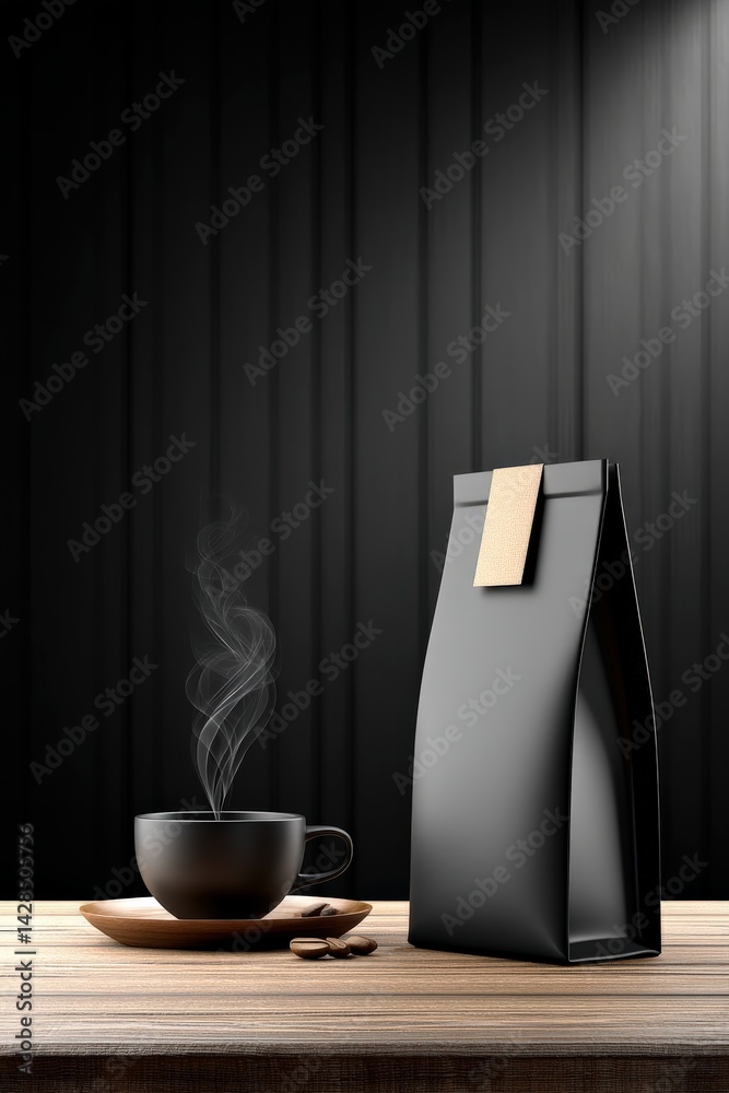 Black Coffee Package and Cup on Wooden Table with Smoke Background