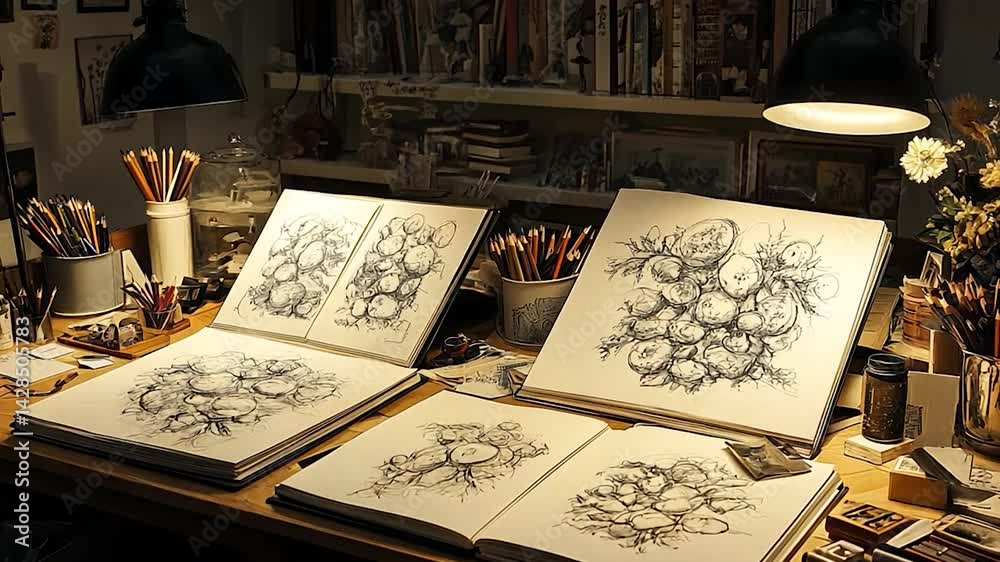 Detailed ink drawings on large sketchbooks
