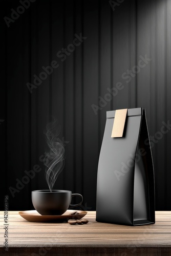Obraz na płótnie Black Coffee Package and Cup on Wooden Table with Smoke Background w salonie