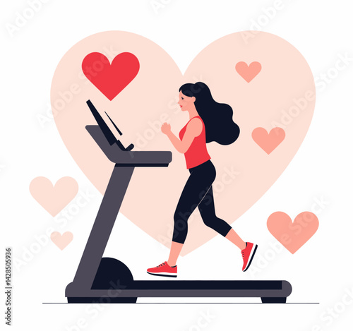 Woman on Treadmill with Heart Background