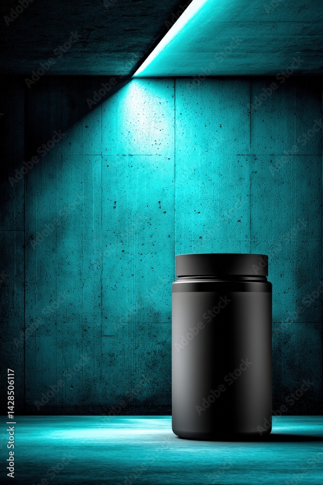 Black container on illuminated backdrop with teal and concrete textures