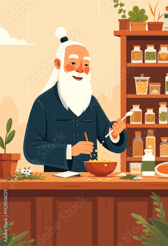 Wise herbalist preparing natural remedies in his apothecary