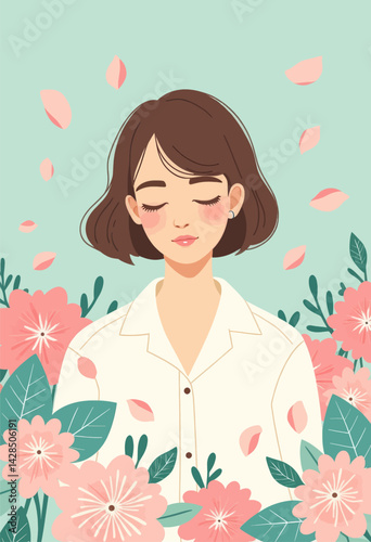 Woman in white shirt with pink flowers and closed eyes
