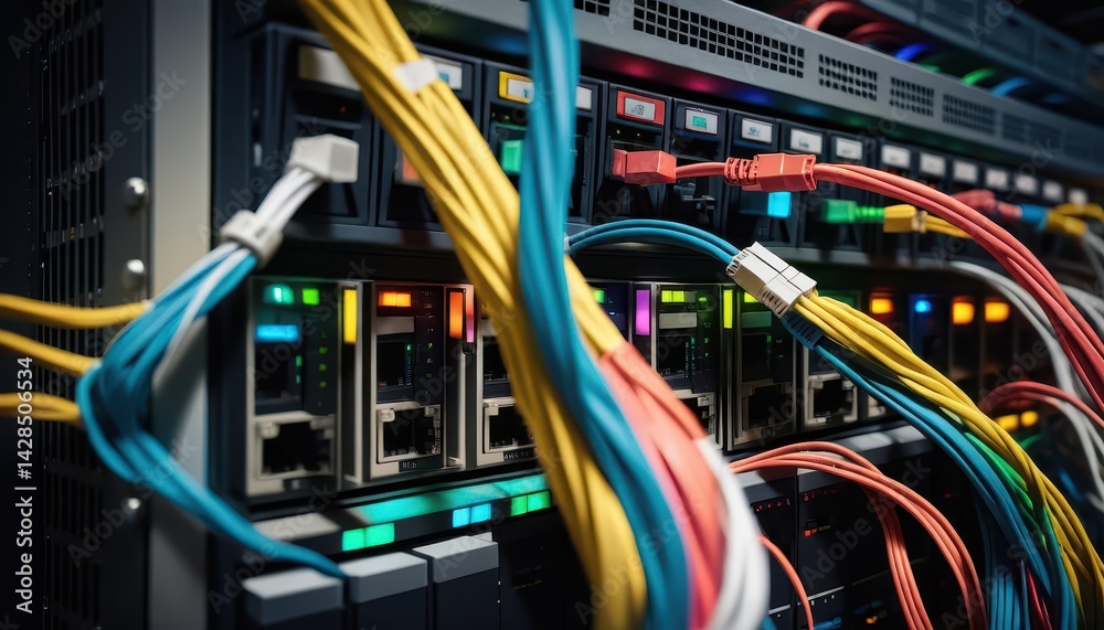 Close-up of a server rack filled with multicolored network cables and connections illustrating the complexity of modern network infrastructure technology Close-up of a server rack filled with multicolored network cables and connections illustrating the complexity of modern network infrastructure technology