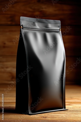 Black Matte Packaging Bag on Wooden Table with Dim Lighting