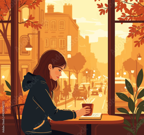 Woman reads at cafe with autumn street view