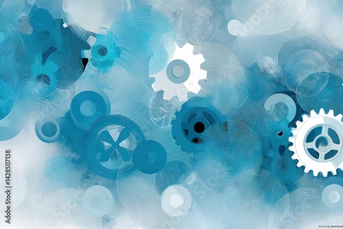 Obraz na płótnie Blue and White Abstract Background with Gears and Circular Patterns w salonie