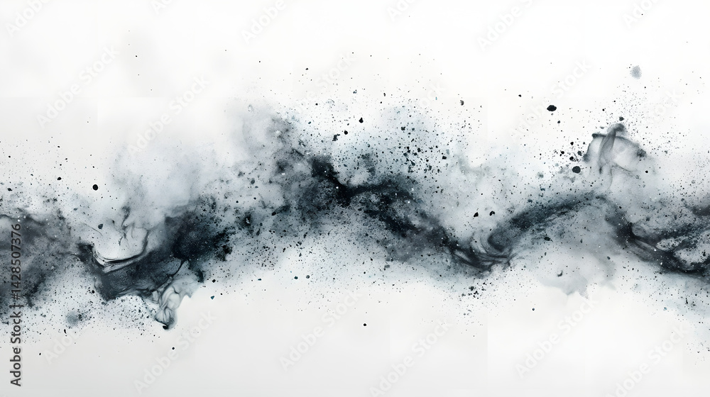 Dynamic black ink splatter abstract art on horizontal white background creative concept minimalist view Dynamic black ink splatter abstract art on horizontal white background creative concept minimalist view