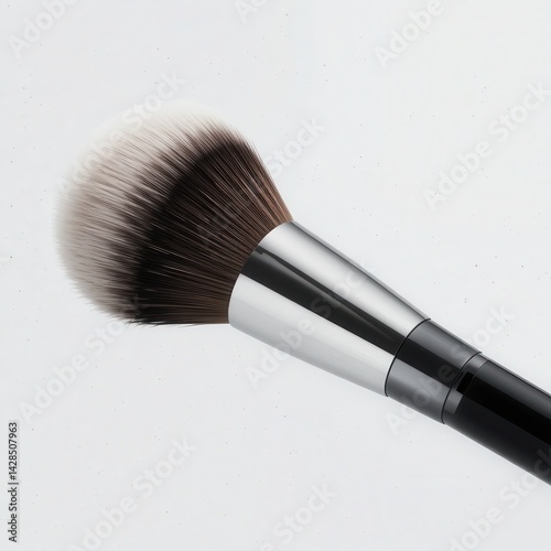 A close up of a makeup brush with white and brown bristles on white background