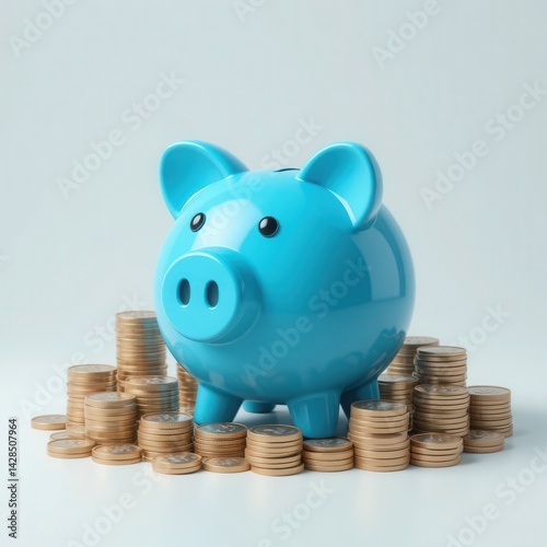 A blue piggy bank sitting on top of stacks of gold coins on white surface