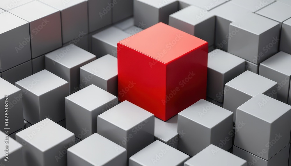 A Vibrant Red Cube Surrounded by Uniform Gray Cubes Creating a Striking Visual Contrast in a Three-Dimensional Block Arrangement Displaying Diversity A Vibrant Red Cube Surrounded by Uniform Gray Cubes Creating a Striking Visual Contrast in a Three-Dimensional Block Arrangement Displaying Diversity
