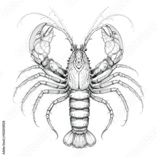 Detailed monochrome drawing of a lobster with large claws facing forward