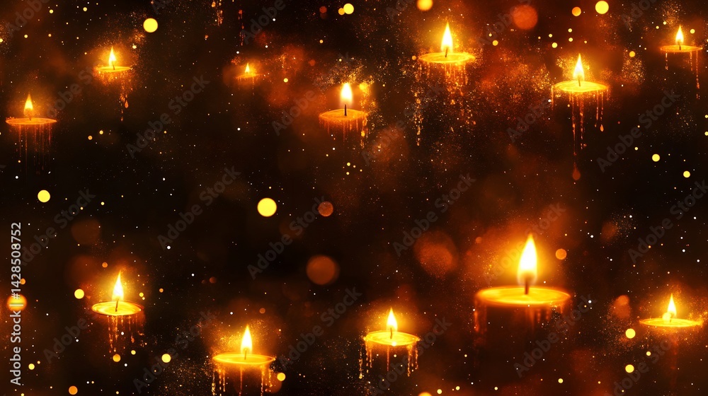 Fototapeta premium Warm glow of numerous flickering candles in the dark.