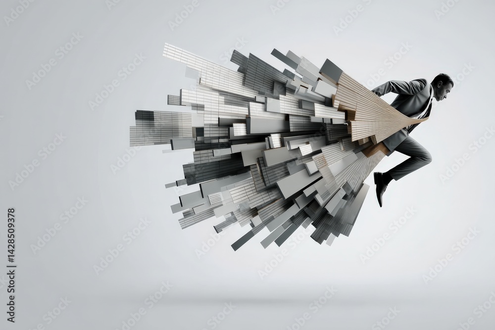 Businessman Breaking Through 3D Abstract Landscape of Cubes