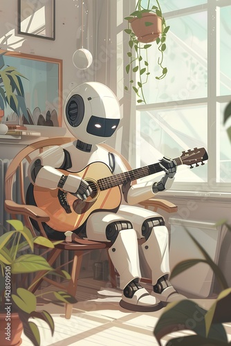 Ai robot playing acoustic guitar in the room illustration 
