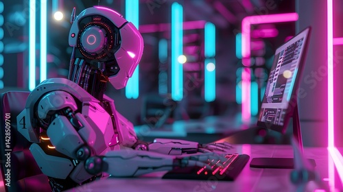 Ai roboi working on computer with futuristic neon  