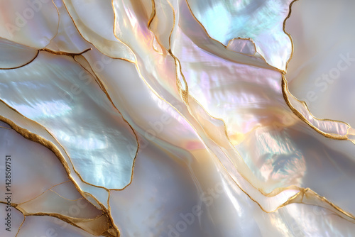 Mother of Pearl with Golden Accents. Abstract close-up of mother of pearl with golden accents, creating a mesmerizing, iridescent surface texture.