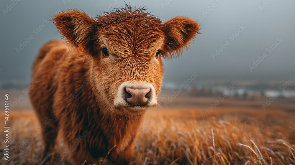 A cute, reddish-brown calf stands in a field of tall grass on a misty day A cute, reddish-brown calf stands in a field of tall grass on a misty day