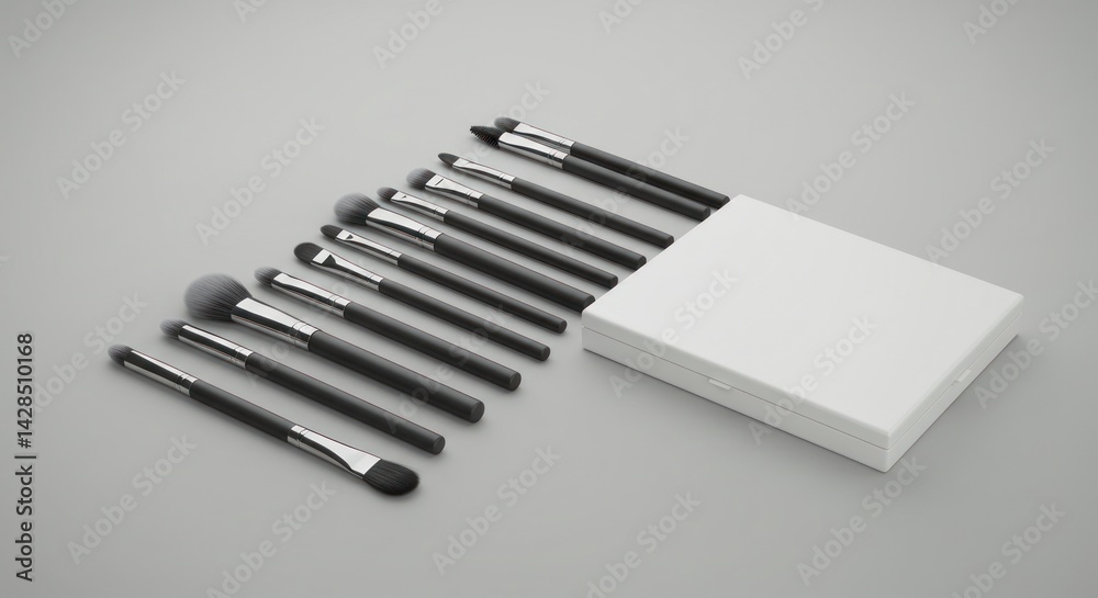 Makeup brushes arranged beside a white box on a light gray surface. Makeup brushes arranged beside a white box on a light gray surface.