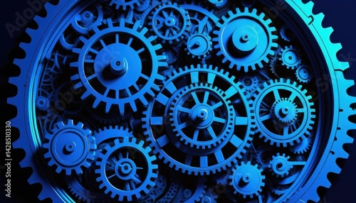 Wallpaper Mural A Dramatic Close-Up of Intricate Interconnected Metallic Blue Gears Illuminated in a Striking Blue Light Showcasing Complex Mechanical Beauty and Design Torontodigital.ca