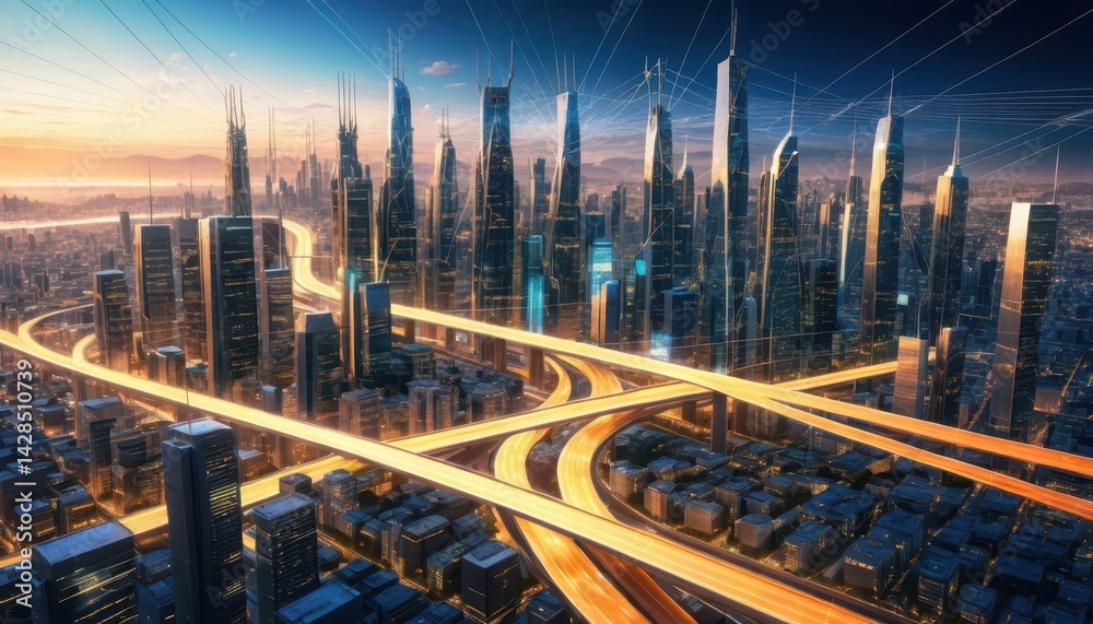 Fototapeta premium Futuristic cityscape at sunset showcasing dense skyscrapers connected by glowing elevated highways filled with bright, flowing traffic in urban landscape
