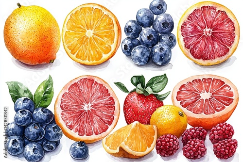 Colorful watercolor painting depicting an assortment of freshly cut fruits