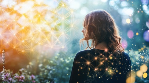 Young woman with Glowing sacred geometric sphere featuring  Flower of Life pattern