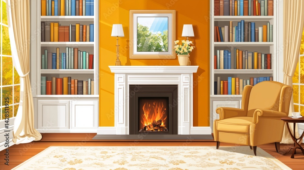 Fototapeta premium Bright contemporary space with fireplace, stylish armchair, built-in bookshelves, and a wide window with curtains drawn