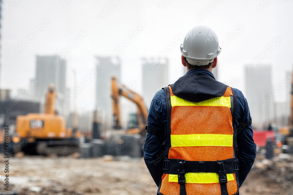 The image shows a construction worker wearing a white hard hat and an orange safety vest, standing at a construction site with heavy machinery and buildings in the background