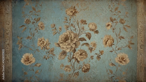 Vintage Floral Wallpaper Texture with Roses on Blue