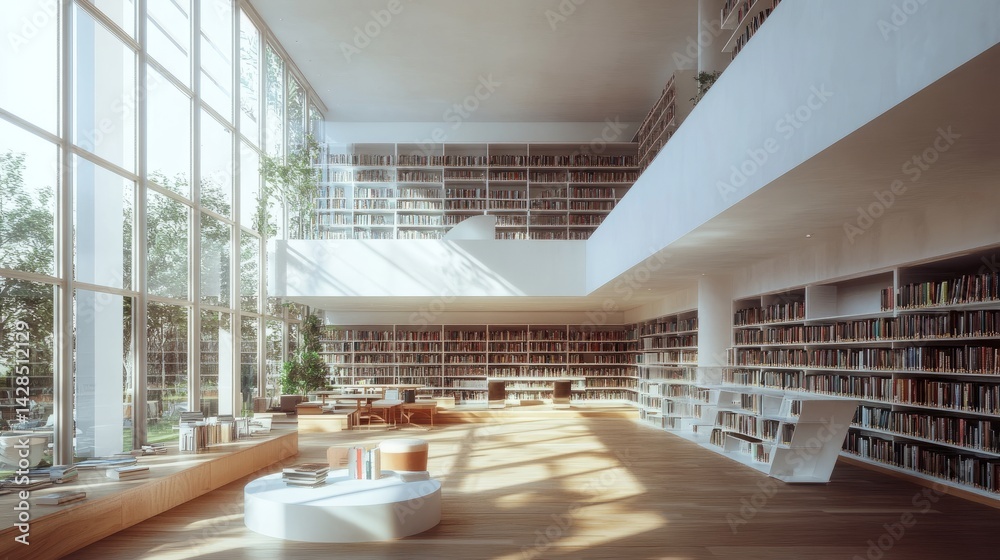 Obraz premium Bright modern library filled with natural light, minimalist shelving, and spacious reading areas with ample room to explore
