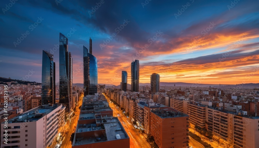 Fototapeta premium A Stunning Sunrise Illuminating a Cityscape with Modern Skyscrapers and Expansive Lower Buildings in Beautiful Vibrant Colors of Orange and Blue