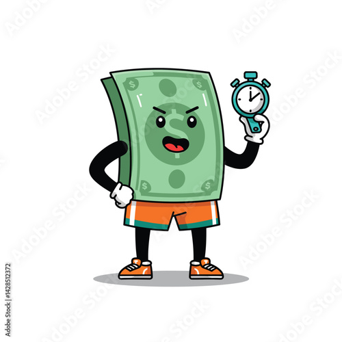 Animated dollar bill character holding stopwatch in sporty outfit for financial timing concept vector illustration 