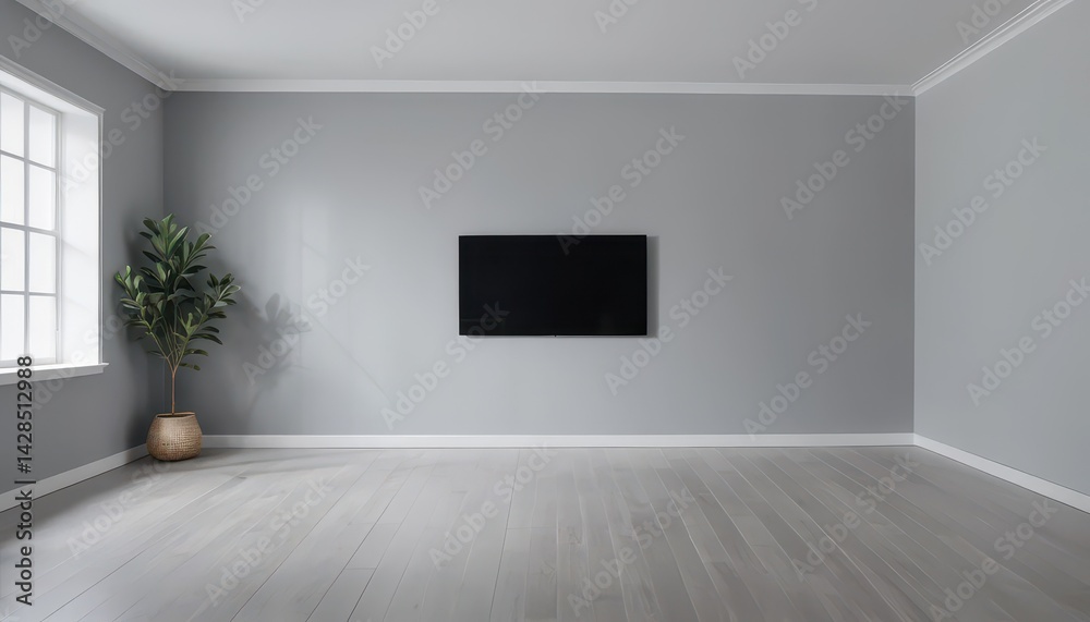 Minimalist empty room with gray walls light gray wood-look floo mounted flat-screen television potted plant beige pot white trim window Minimalist empty room with gray walls light gray wood-look floo mounted flat-screen television potted plant beige pot white trim window