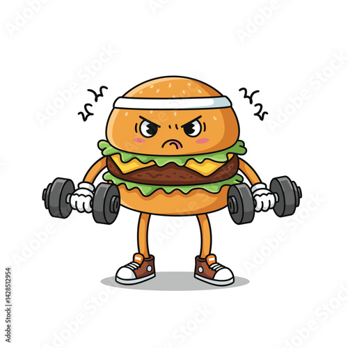 Cartoon burger character lifting dumbbells showing strength and determination fitness concept vector illustration 