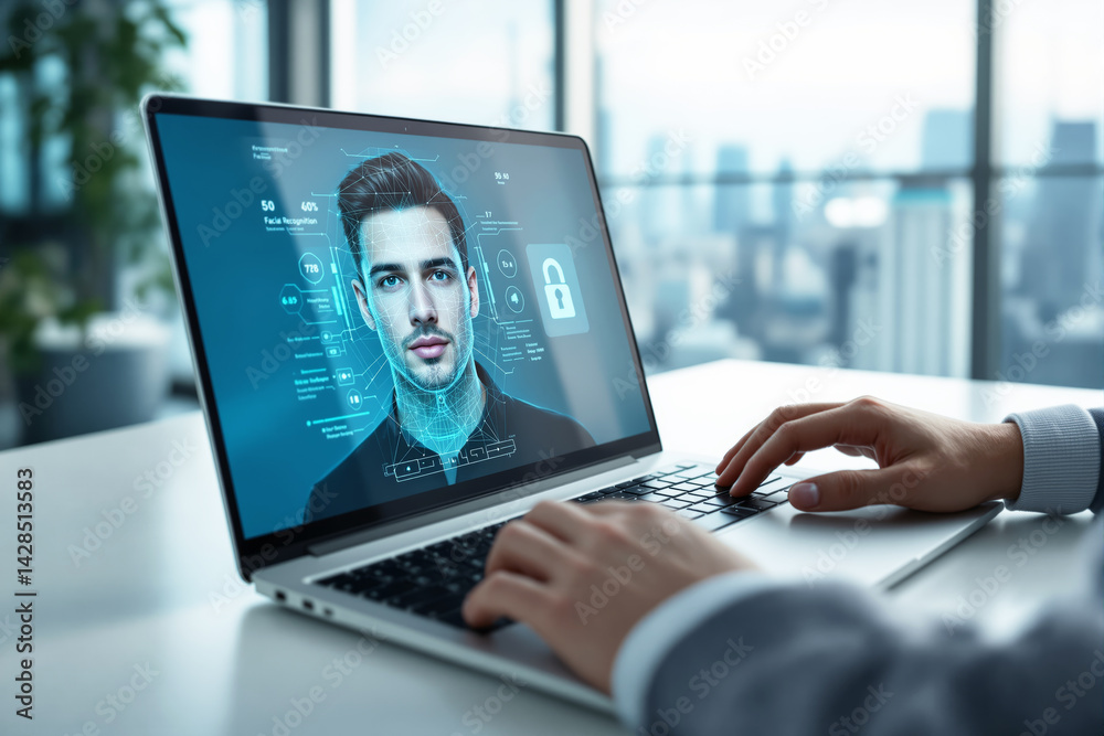 Person using laptop displaying facial recognition interface with biometric data, creative digital style, on office background. Concept of cybersecurity. Ai generative Person using laptop displaying facial recognition interface with biometric data, creative digital style, on office background. Concept of cybersecurity. Ai generative