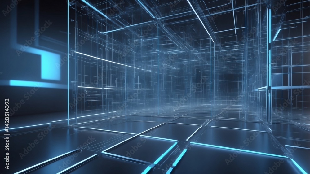 Abstract blue glowing lines forming a futuristic digital tunnel or corridor. The image features a vibrant blue light against a dark background. Abstract blue glowing lines forming a futuristic digital tunnel or corridor. The image features a vibrant blue light against a dark background.