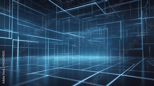Abstract blue digital lines forming a futuristic 3D room, creating a sense of depth and technological innovation. The room has bright glowing edges with a dark background.