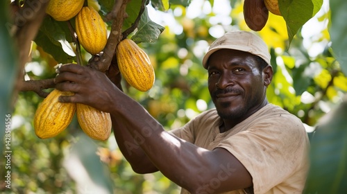 Dedicated farmer harvesting ripe cacao pods in a lush, organic plantation