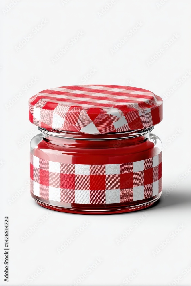 Classic Red Jam Jar with Checkered Lid on Simple Background